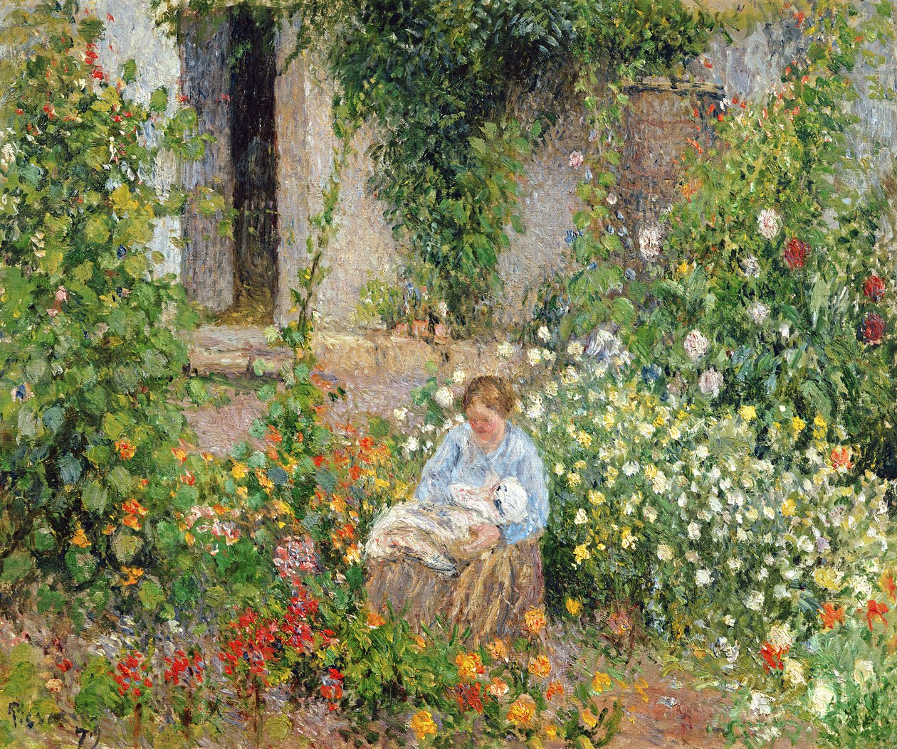 Mor og barn i blomstene, 1879 av Camille Jacob Pissarro