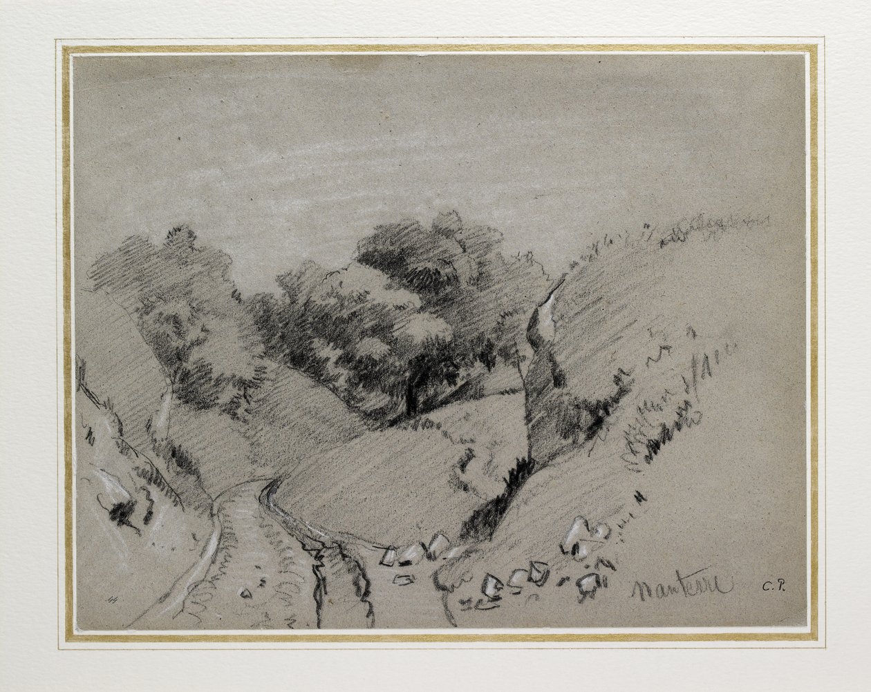 Nanterre, ca. 1860 (kull forhøyet med hvitt kritt på grått papir) av Camille Jacob Pissarro
