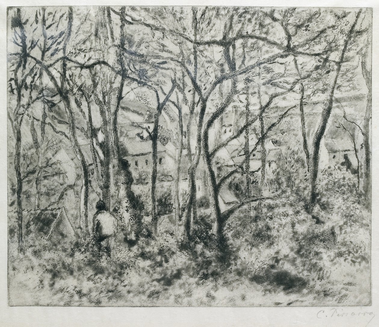 Landskap under tre, ved Eremitasjen (Pontoise), 1879 (akvatint og tørrpunkt) av Camille Jacob Pissarro