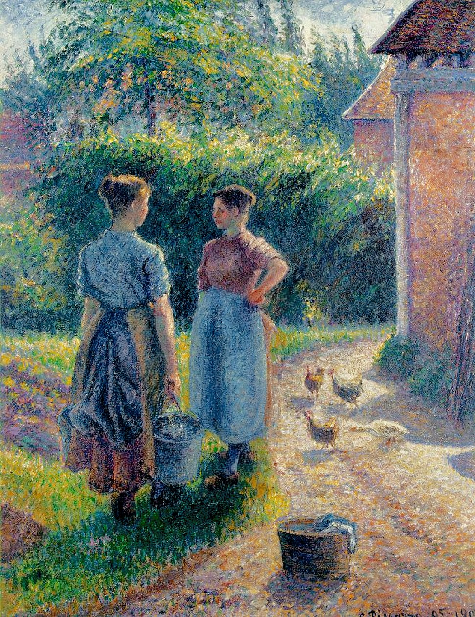 Bondekvinner som chatter i Eragny, 1895-1902 av Camille Jacob Pissarro