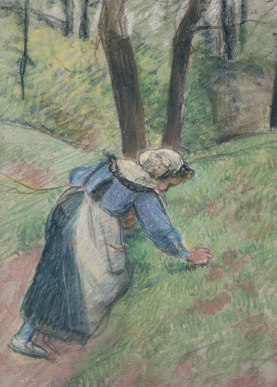 Bondekvinne som luker gresset (pastell forhøyet på steder med en rosa vask) av Camille Jacob Pissarro
