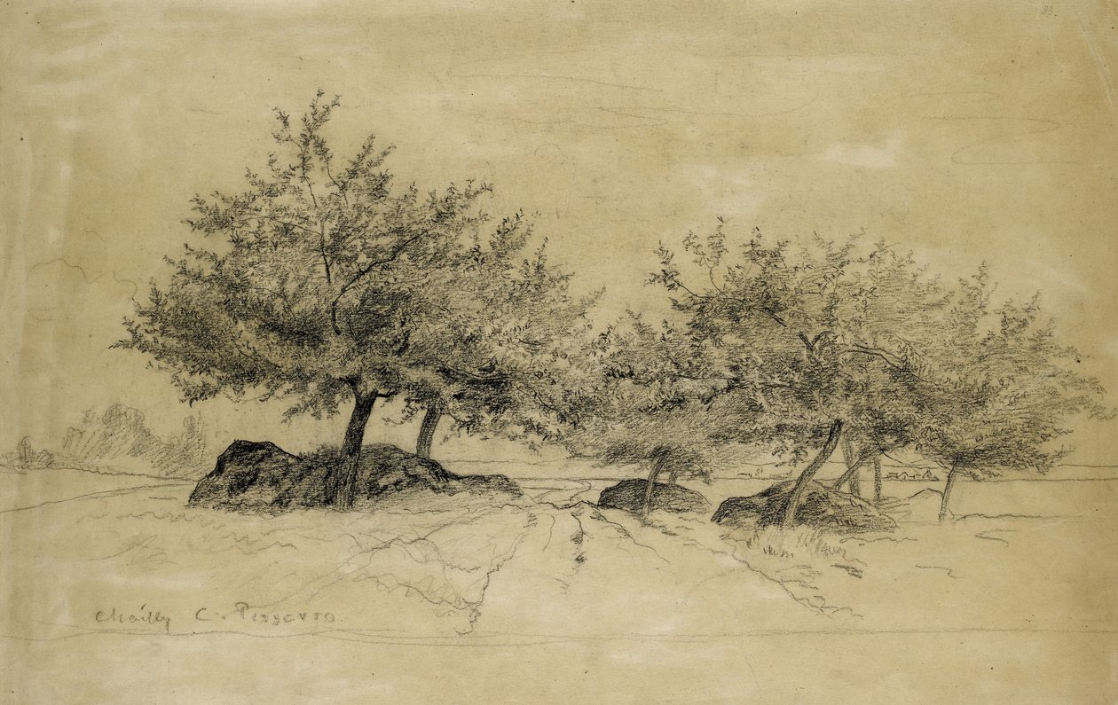 Rekto: Chailly, ca. 1859 (kull på beige papir) av Camille Jacob Pissarro