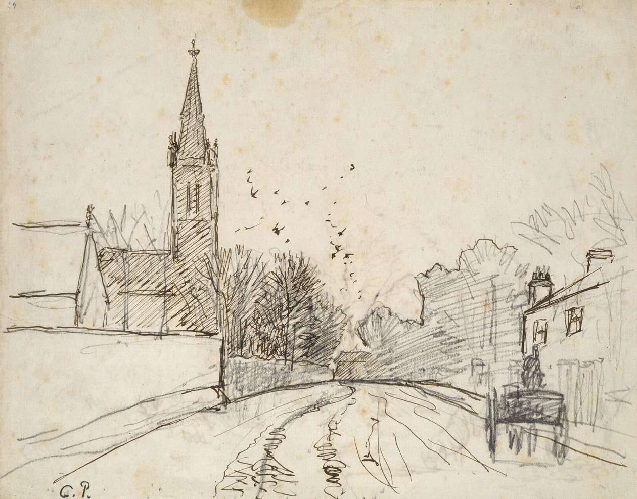Recto: Studie av Upper Norwood, London, med All Saints Church, 1871 (penn og brunt blekk over grafitt) av Camille Jacob Pissarro