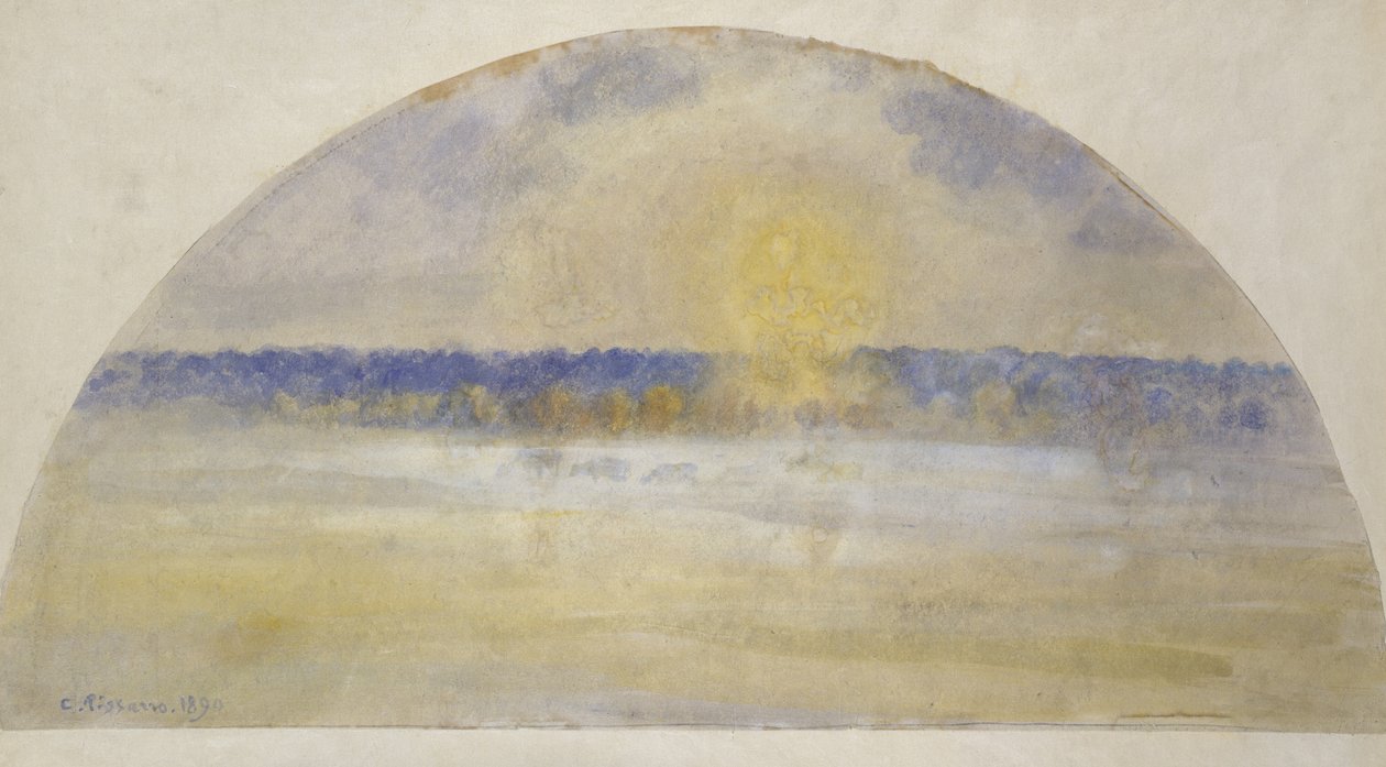 Nedgående sol og tåke, Eragny (akvarell blandet med tempera på japansk papir lagt på japansk velum) av Camille Jacob Pissarro