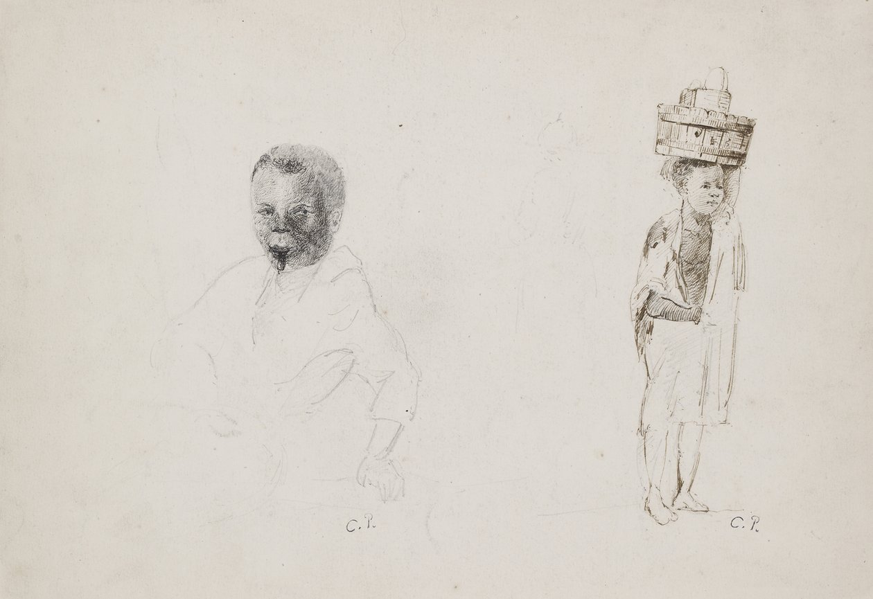 Studier av to unge gutter med svake indikasjoner på en kvinneskikkelse, 1852 (blyant med penn og blekk på papir) av Camille Jacob Pissarro