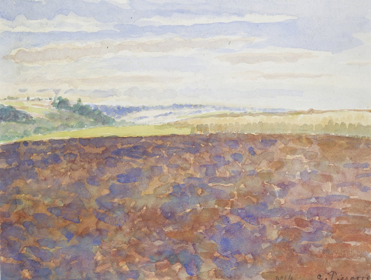Studie av et landskap med pløyd åker, Eragny-sur-Epte, ca. 1886 - 1890 (akvarell over blyant) av Camille Jacob Pissarro