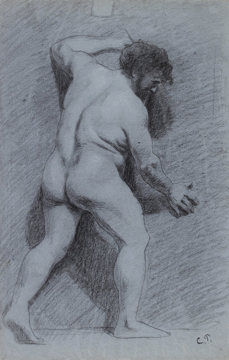 Studie av en naken mann posert mot en vegg, sett i profil, vendt mot høyre av Camille Jacob Pissarro