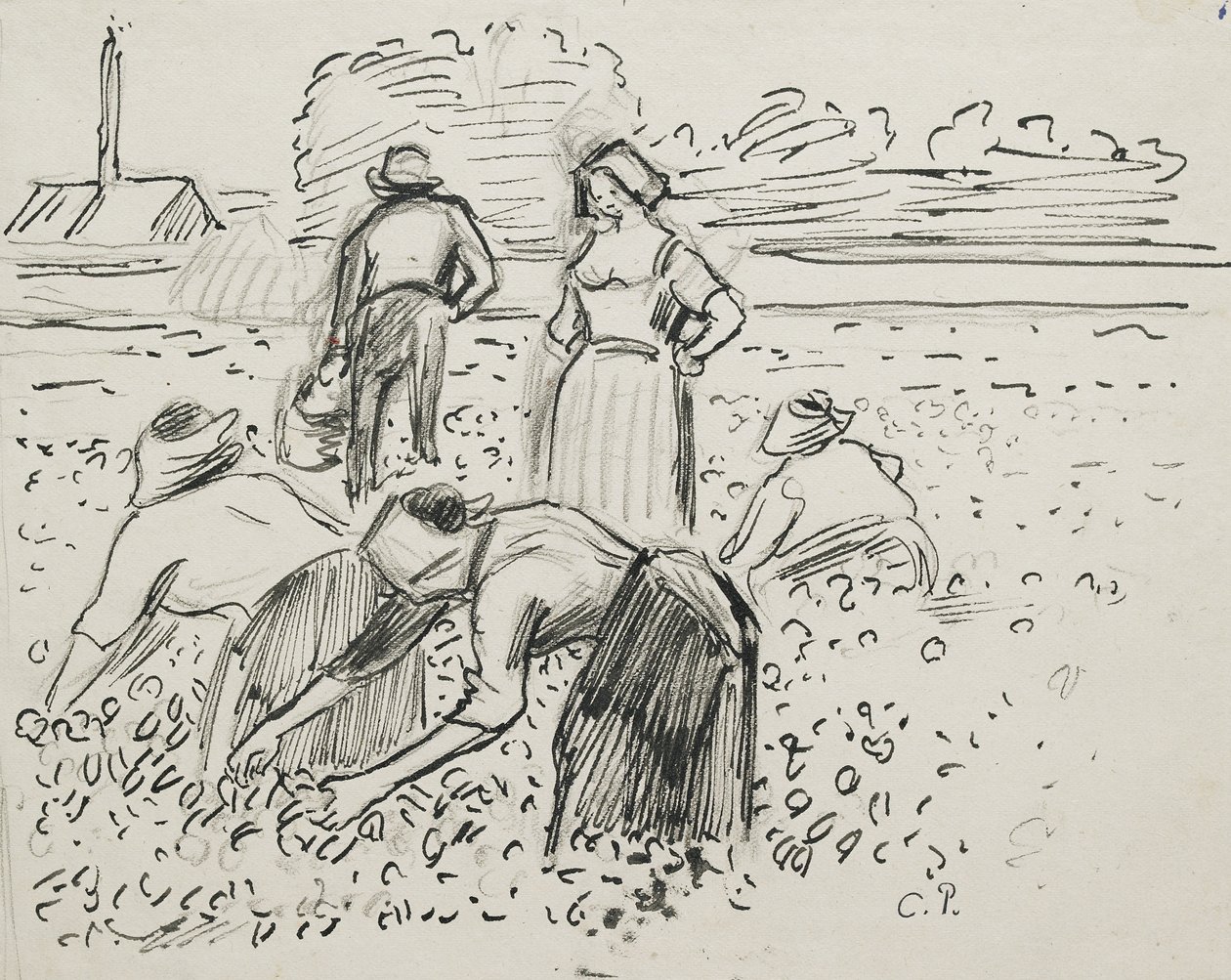 Studie av fem bondefigurer som arbeider i en åker, 1887 (penn og blekk over svart kritt) av Camille Jacob Pissarro