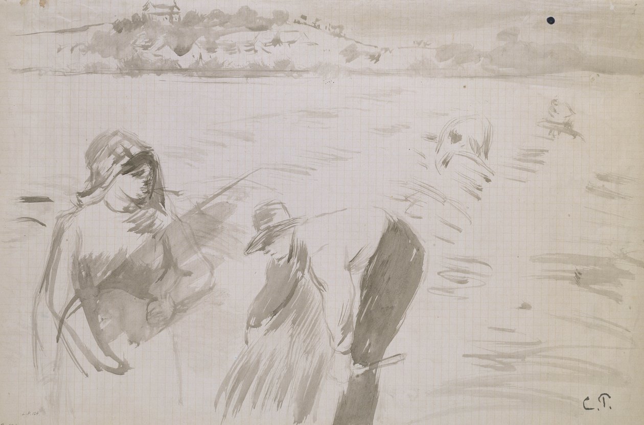 Studie av hogstmaskiner som arbeider på et felt nær Pontoise (grå vask med brunt blekk på papir) av Camille Jacob Pissarro