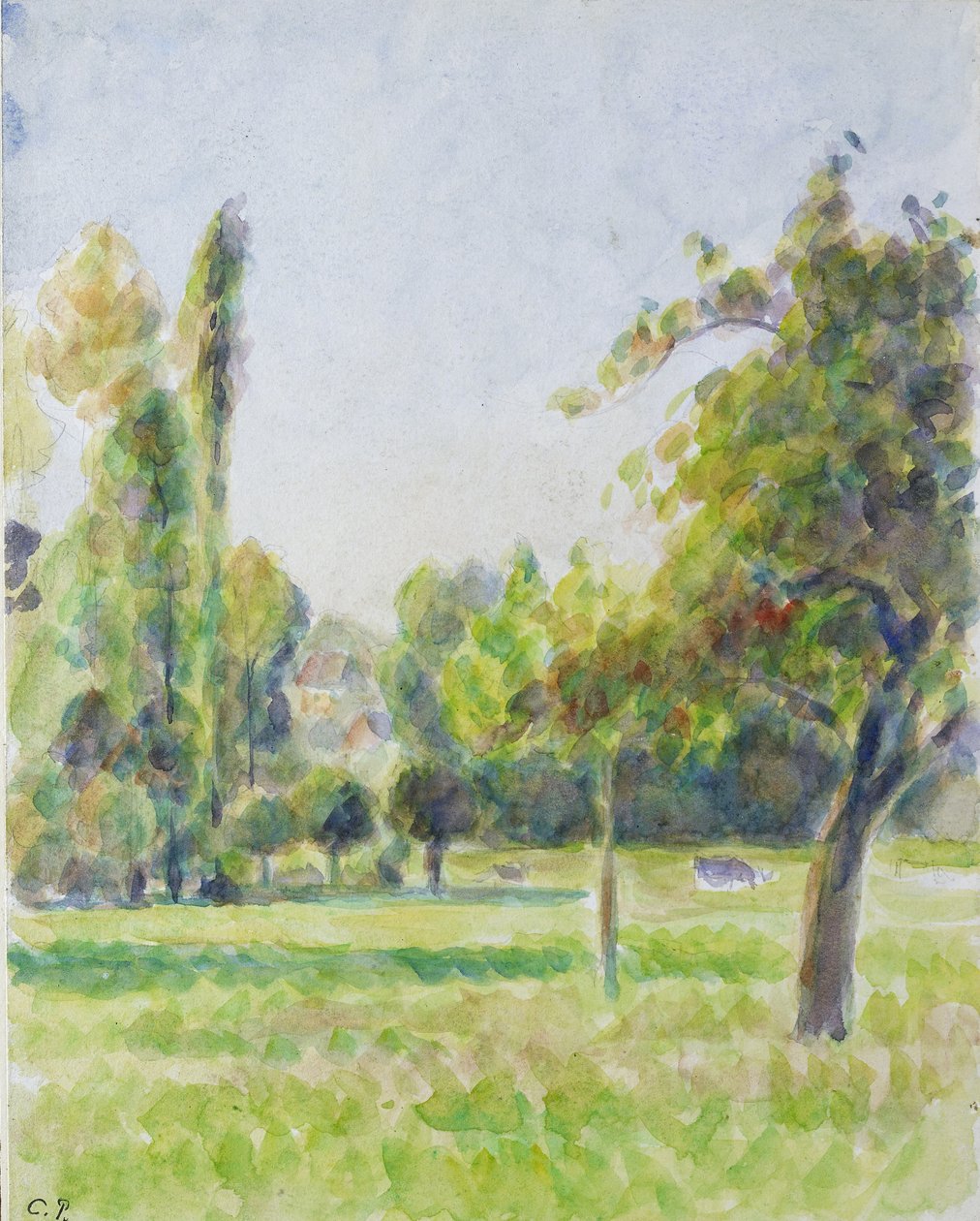 Studie av frukthagen til kunstnerens hus i Eragny-sur-Epte, ca. 1890 (akvarell over blyant) av Camille Jacob Pissarro