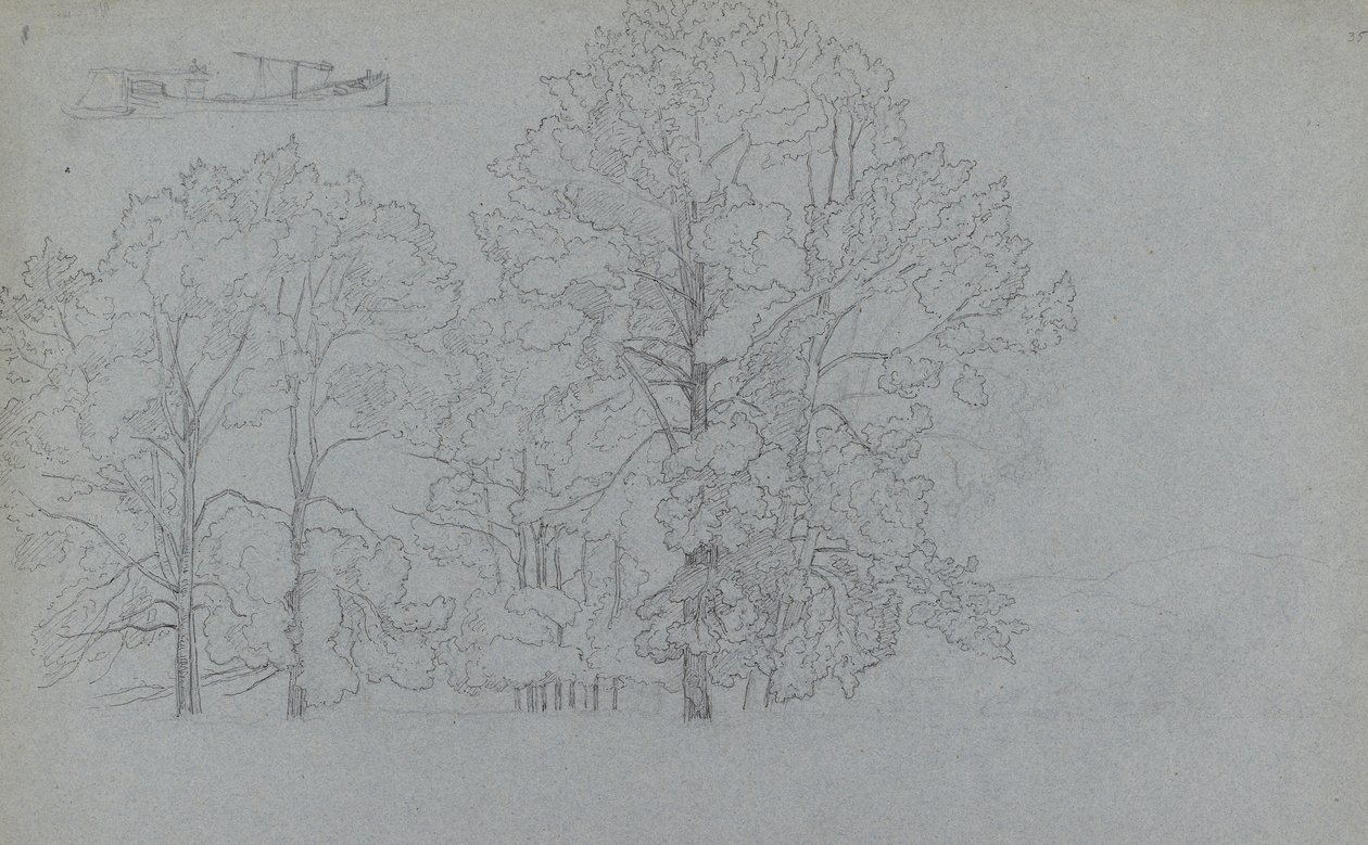 Studie av trær, med en liten studie av en lekter, 1859 (penn og mørkt blekk over grafitt på gråblått papir) av Camille Jacob Pissarro