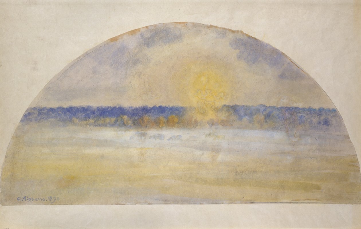 Solnedgang med tåke, Eragny, 1890 av Camille Jacob Pissarro