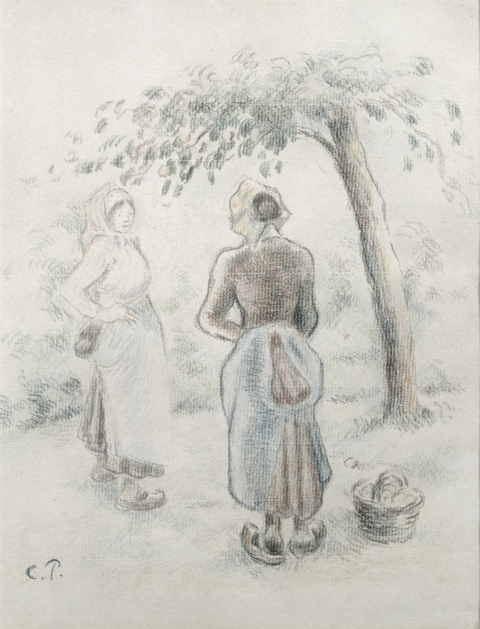 Kvinnen under epletreet, ca. 1896 (farget blyant på papir) av Camille Jacob Pissarro