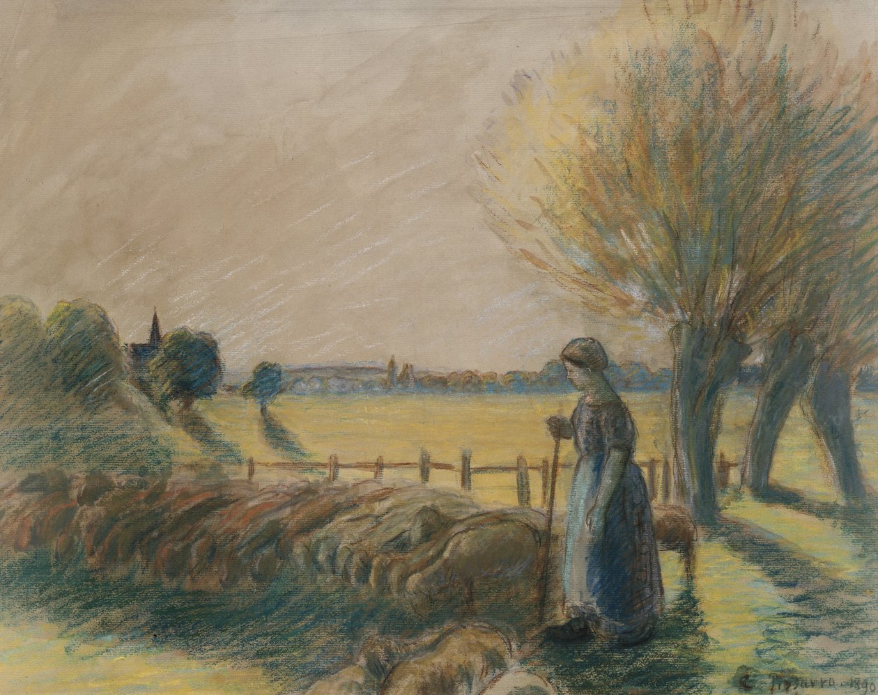 Gjeterinnen til Eragny (tempera og pastell med spor av akvarell og blyant på grått papir) av Camille Jacob Pissarro