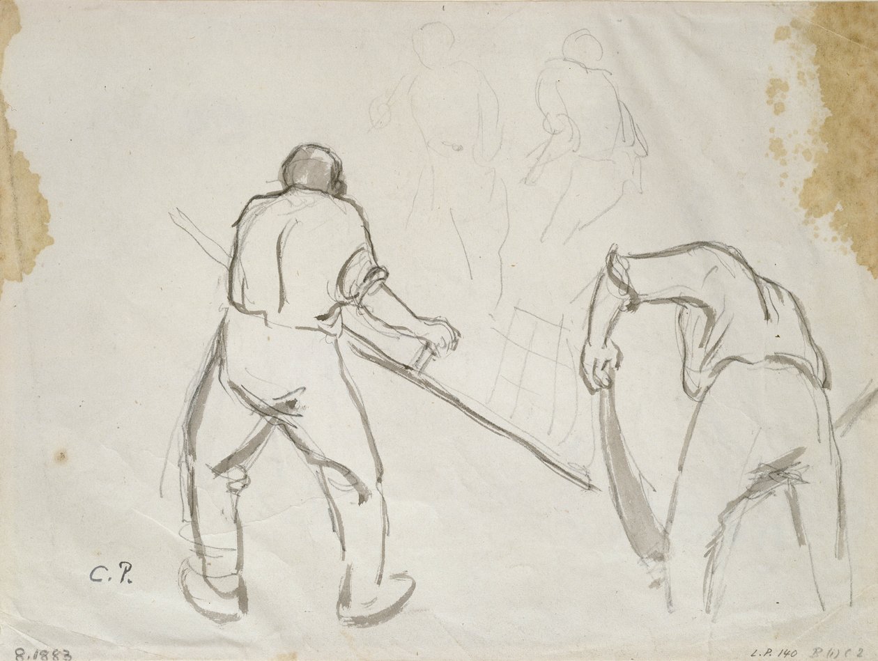 Tre studier av en mannlig høster (grå vask over blyant på papir) av Camille Jacob Pissarro