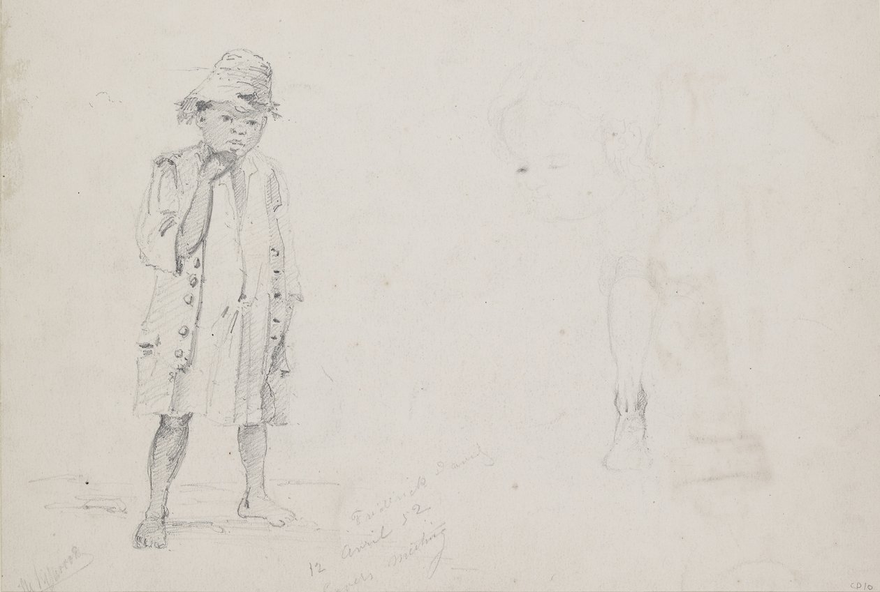Hellengdestudie av en liten gutt med svake studier av ansiktet og venstre ben sett bakfra, 1852 (blyant med penn og blekk på papir) av Camille Jacob Pissarro