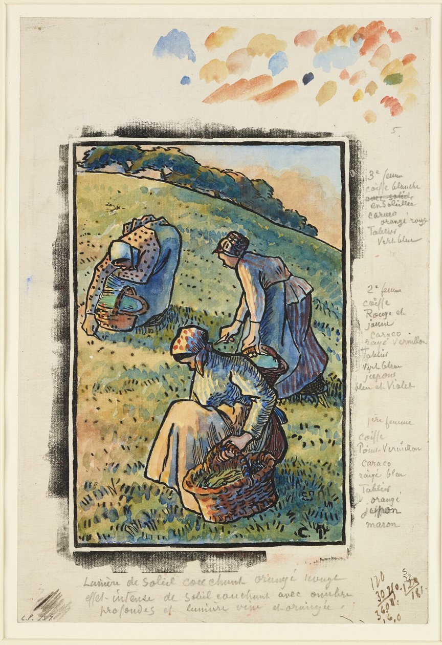 Kvinner som luker gresset (tresnitt og wc på papir) av Camille Jacob Pissarro
