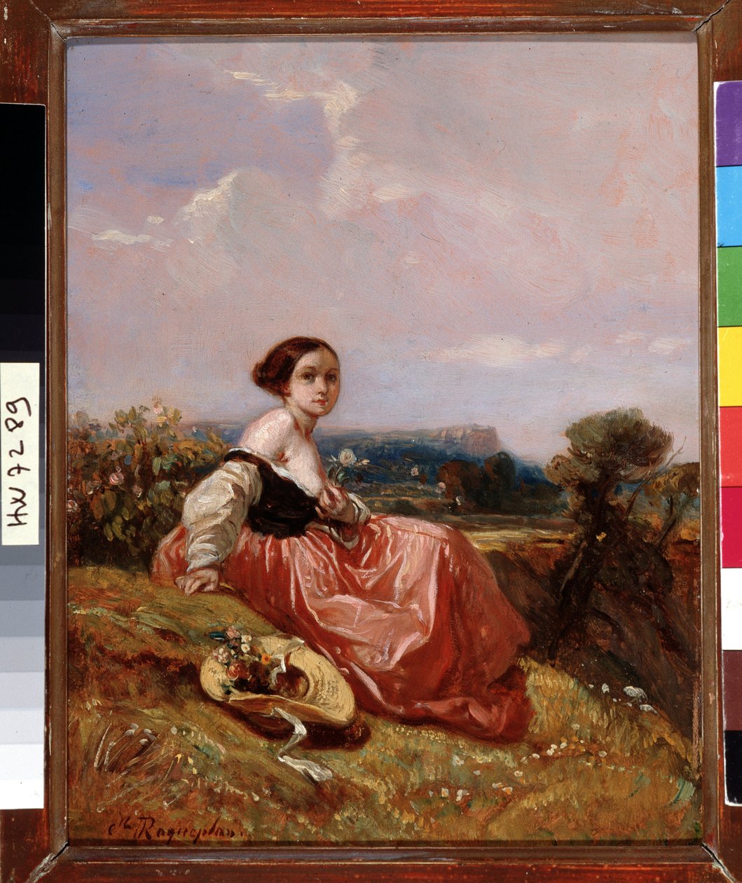 Ung jente i hatten foran Sainte Mountain Victoire-maleriet av Camille Roqueplan (1803-1855) Dim. 18x23 cm Obligatorisk omtale: Samlingsstiftelsen hilsen Provence, Marseille av Camille Joseph Etienne Roqueplan