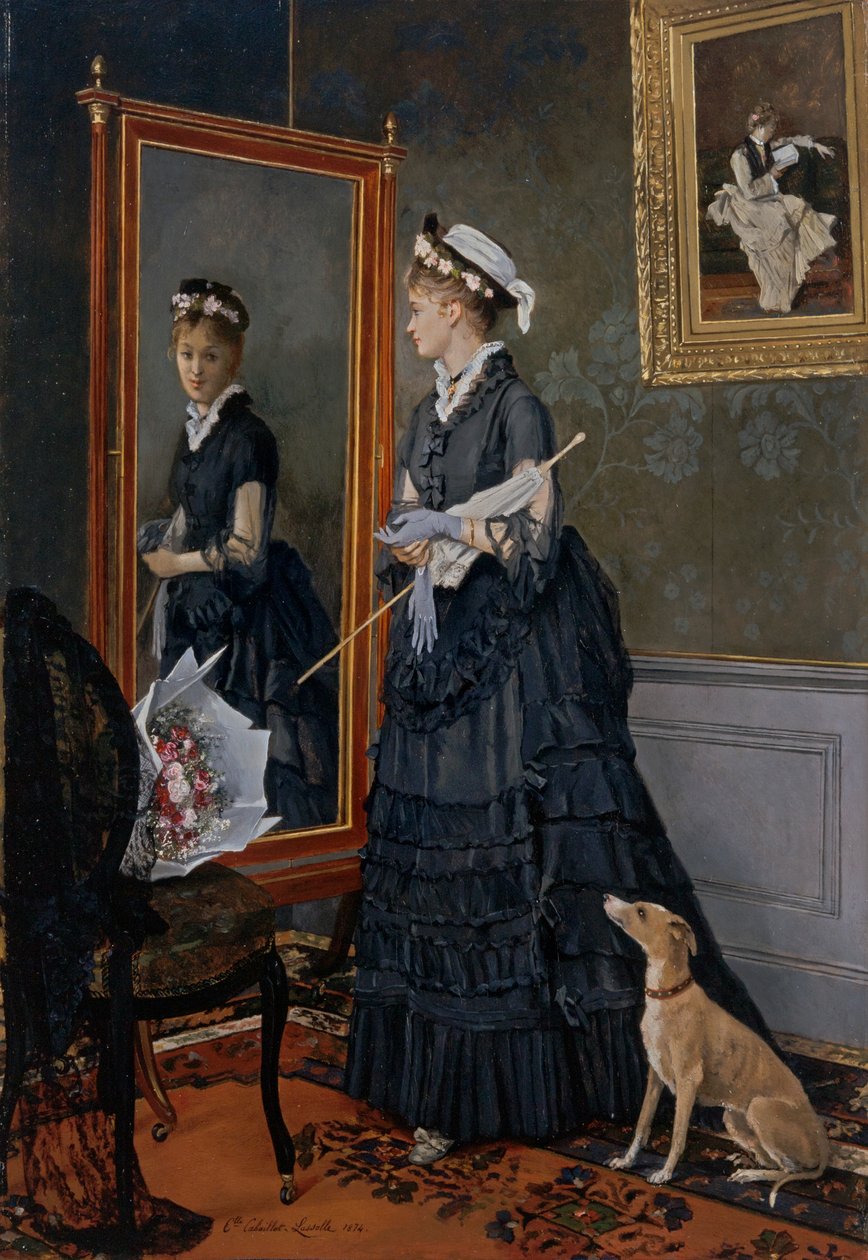 Elegant kvinne ser på seg selv i et speil av Camille Leopold Cabaillot Lasalle