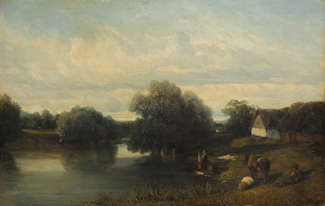 Hytte ved elven med vaskekoner, 1835. av Camille Flers