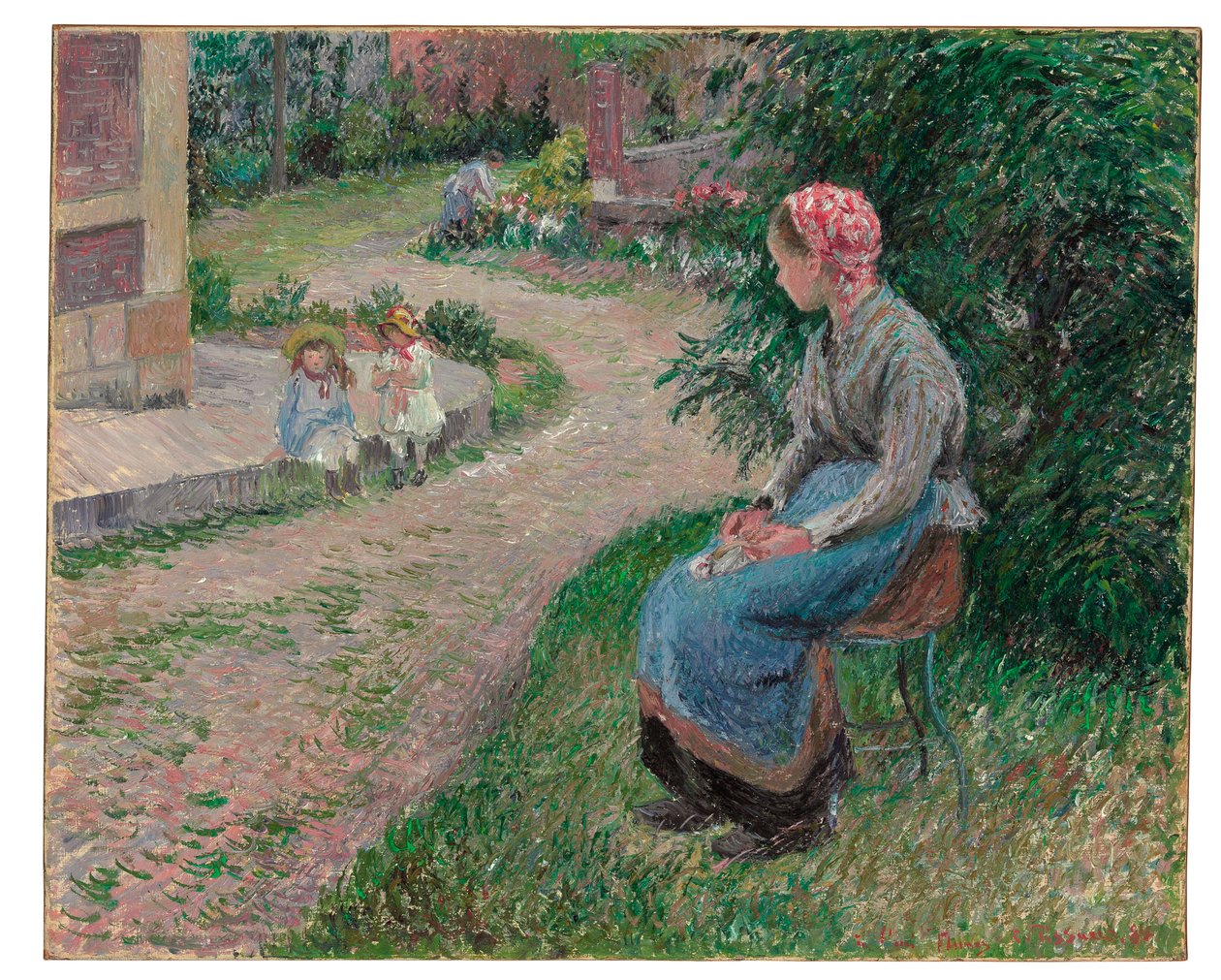 En tjener som sitter i hagen i Eragny, 1884 av Camille Jacob Pissarro
