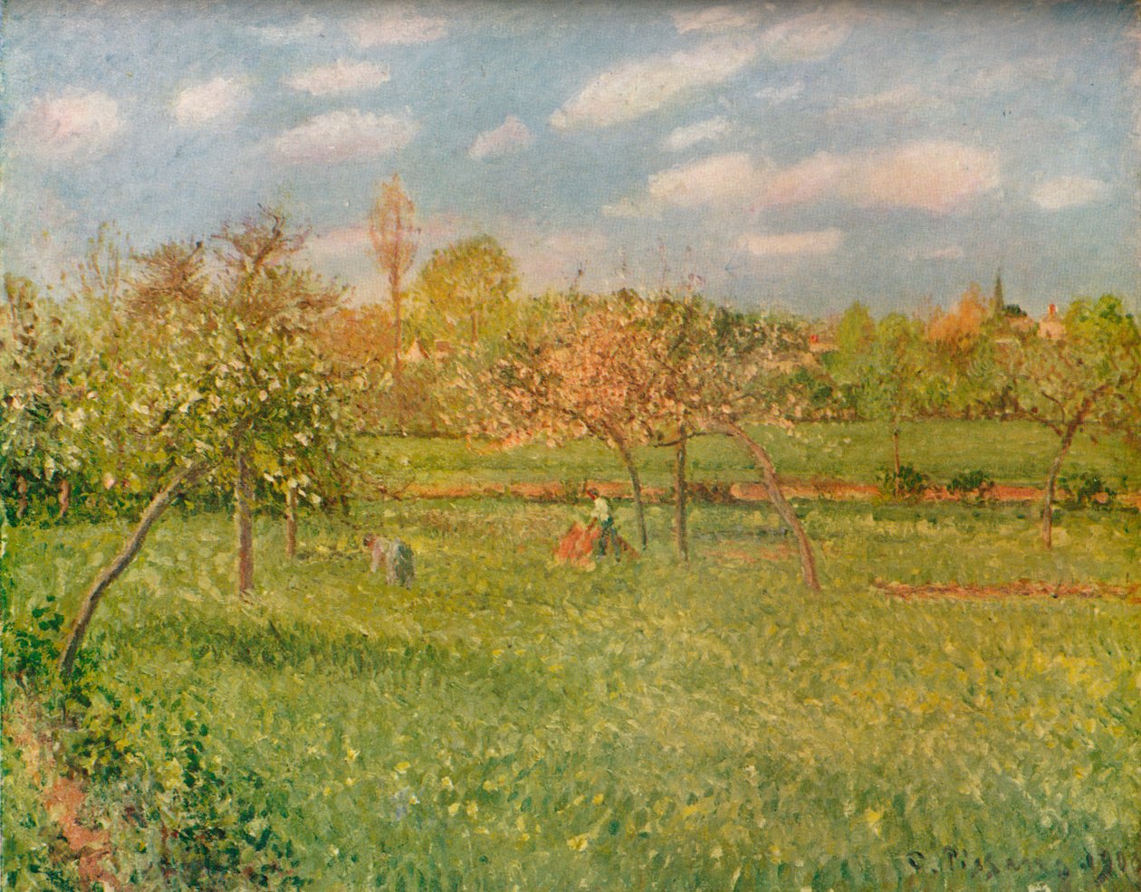 Epletrær ved Eragny, Morning Sunshine, c1896 av Camille Jacob Pissarro