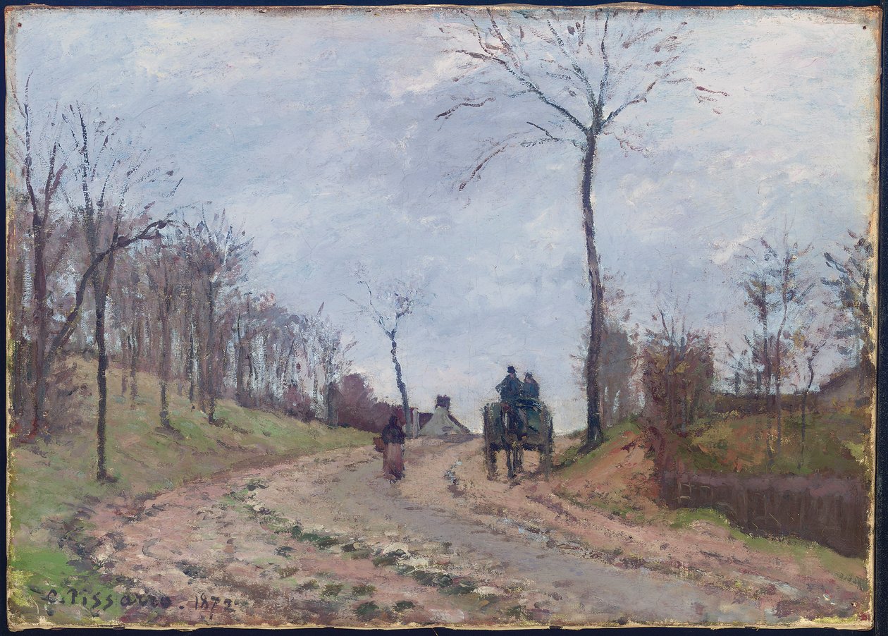 Vogn på landevei, vinter, utkanten av Louveciennes, 1872 av Camille Jacob Pissarro