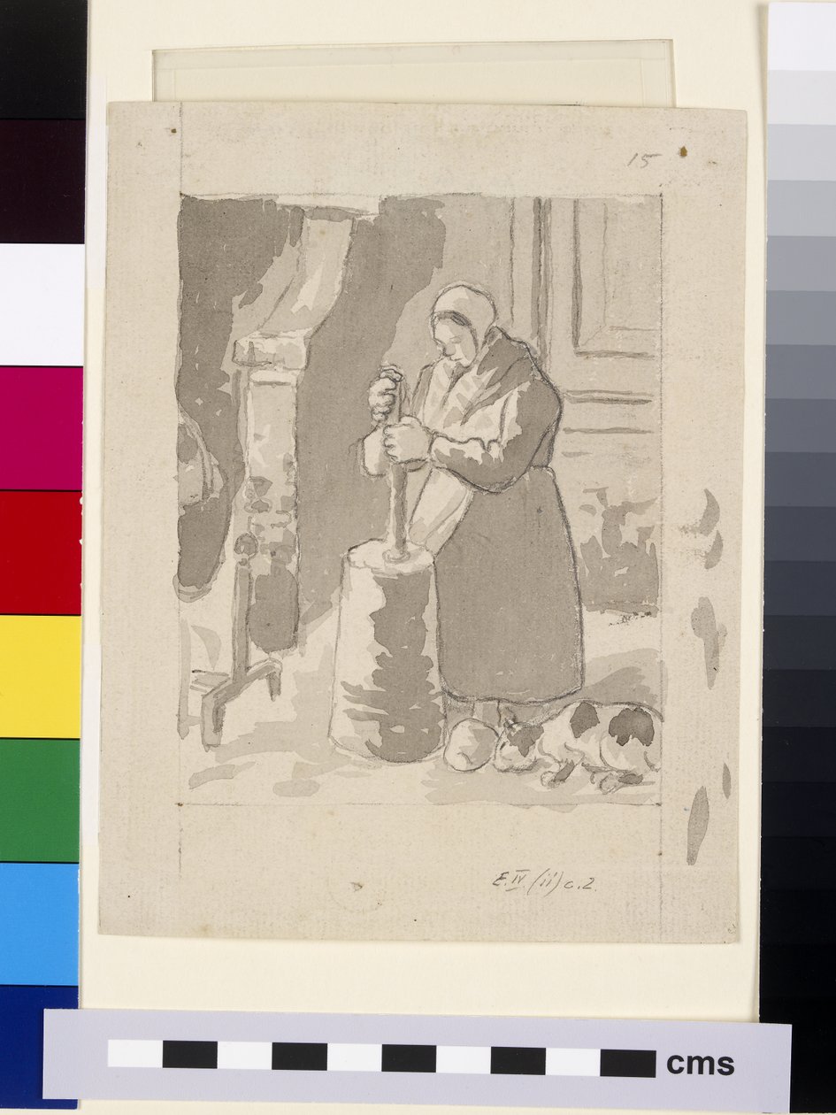 Komposisjonsstudie av en kvinnelig bonde som lager smør (grå vask og kinesisk hvit over svart kritt på papir) av Camille Jacob Pissarro