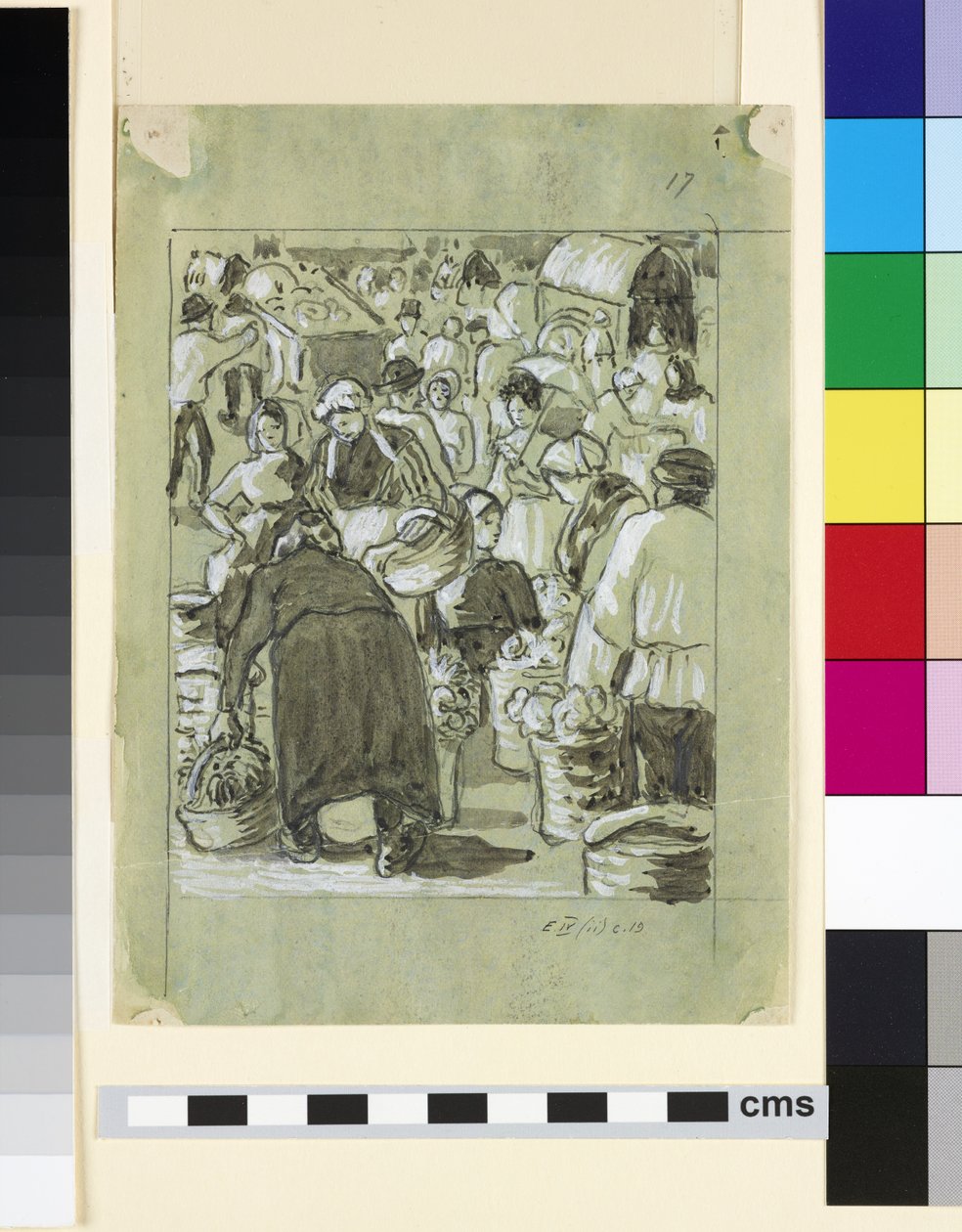 Komposisjonsstudie av et marked (grå vask med kinesisk hvitt på papir) av Camille Jacob Pissarro