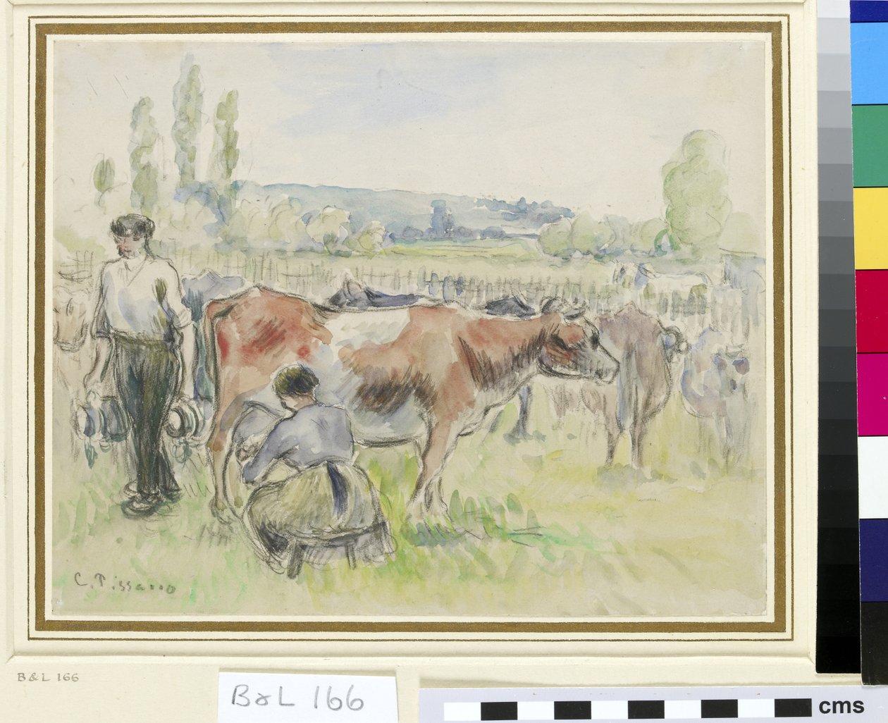 Komposisjonsstudie av en melkescene ved Eragny-sur-Epte (wc over svart kritt på papir) av Camille Jacob Pissarro