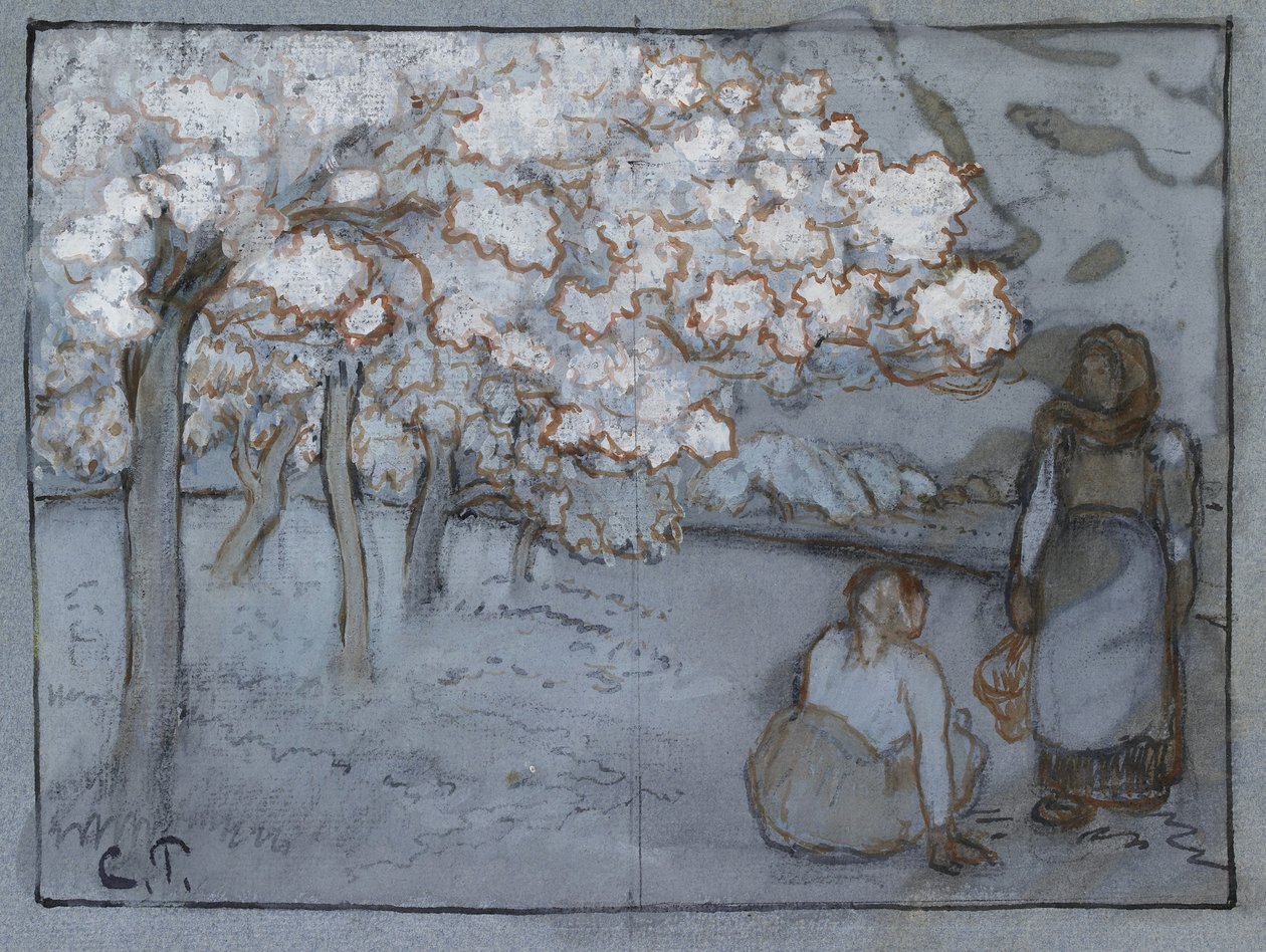 Komposisjonsstudie av to kvinnelige bønder som samtaler i en frukthage, ca. 1894 (rød-brunt og indisk blekk over trekull forsterket med kroppsfarge på blått papir) av Camille Jacob Pissarro
