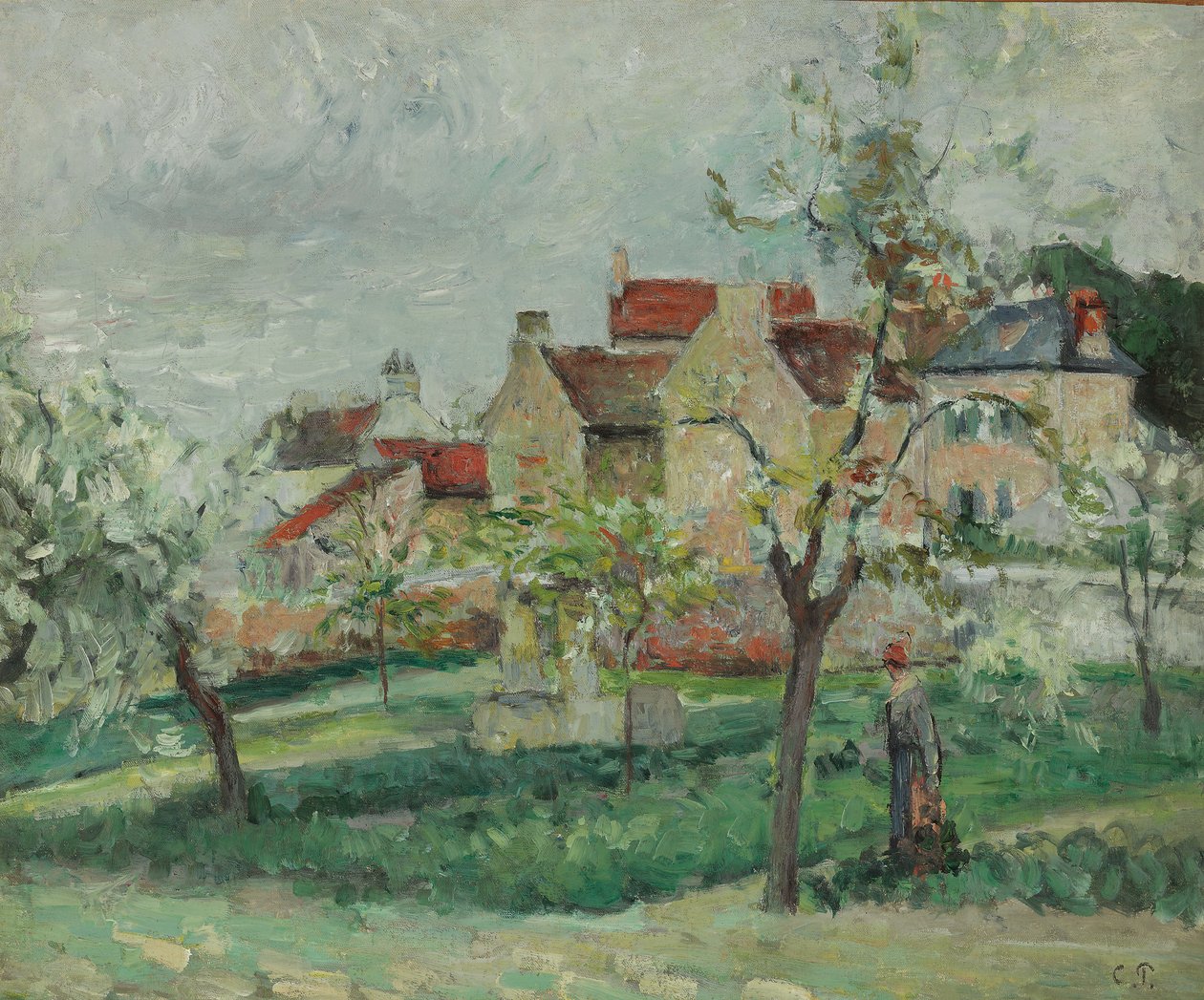 Blomstrende Plomme Tress, Pontoise; Plommetrær i blomst, Pontoise, ca. 1876 av Camille Jacob Pissarro