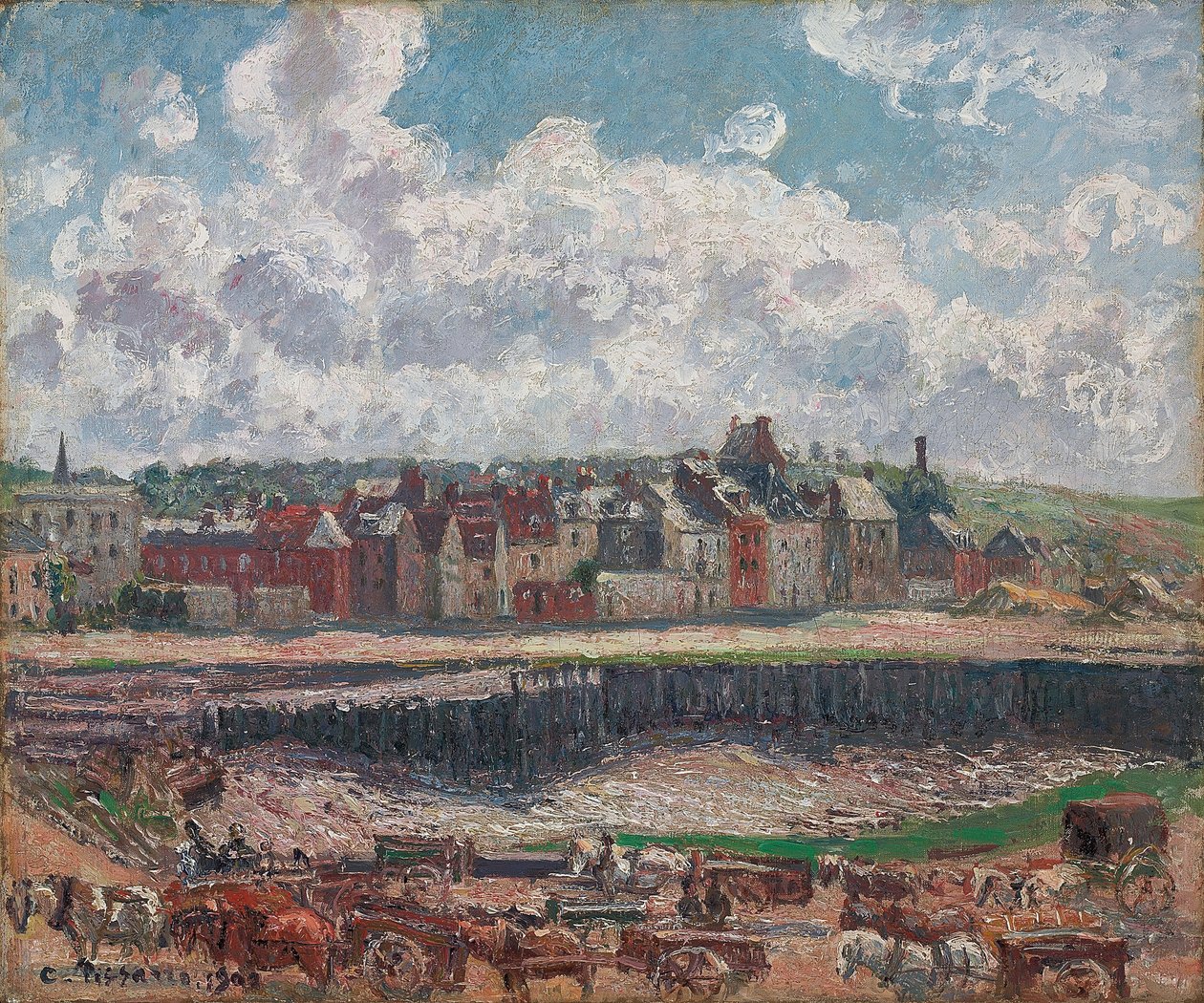 Hester og kjerrer foran Fiskehavnen, Dieppe, ved lavvann; Hester og kjerrer foran fiskebrygga, Dieppe, lavvann, 1902 av Camille Jacob Pissarro