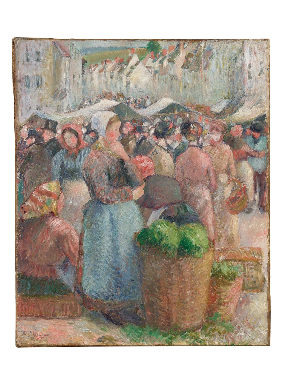 Gisors-markedet, Grande-Rue, 1885 av Camille Jacob Pissarro
