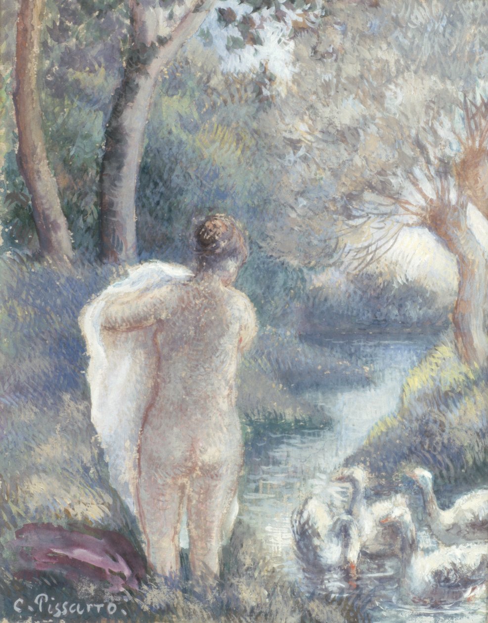 Naken med svaner, ca. 1895 (for studie se 259307) av Camille Jacob Pissarro