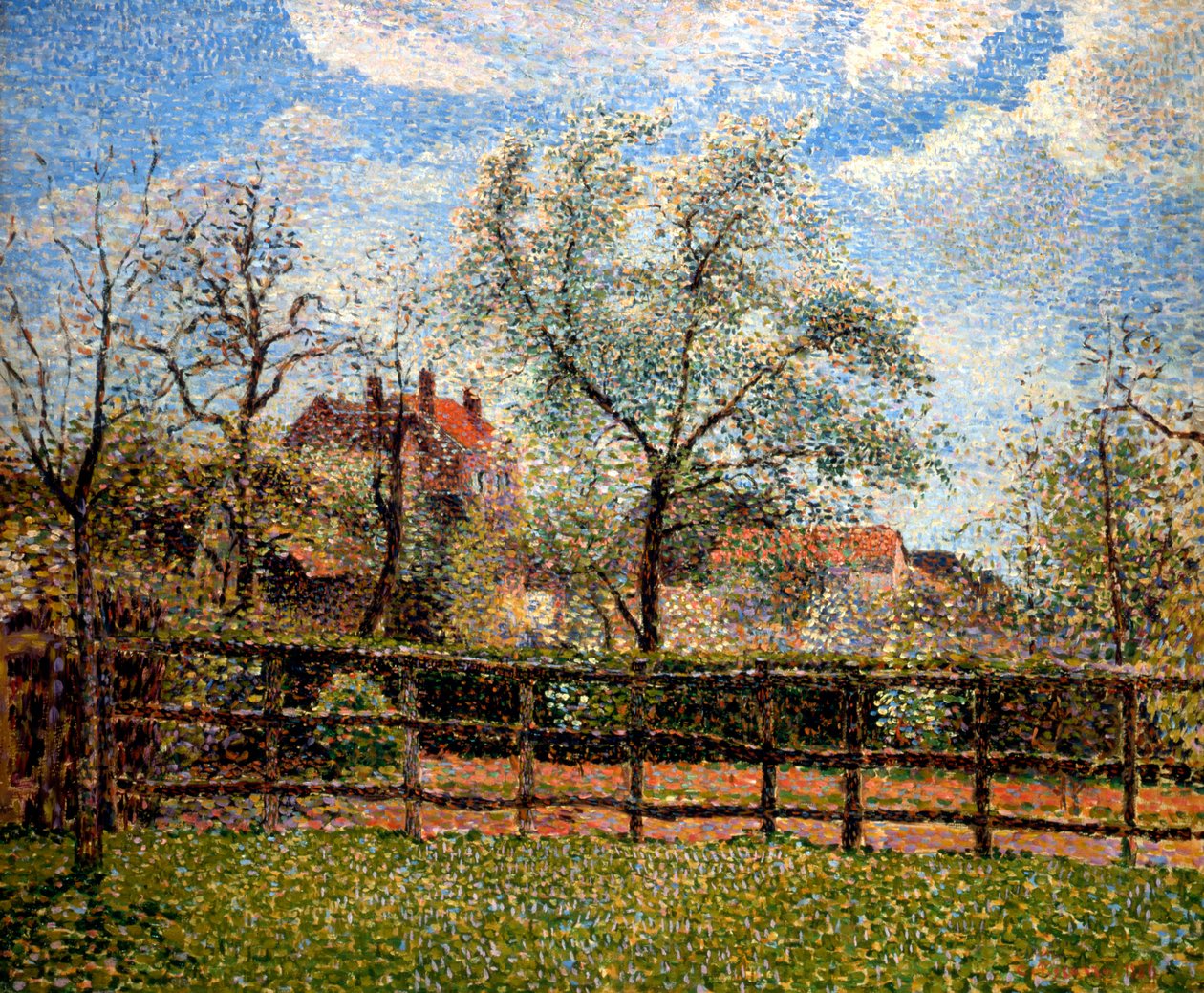 Pæretrær og blomster i Eragny, morgen, 1886 av Camille Jacob Pissarro