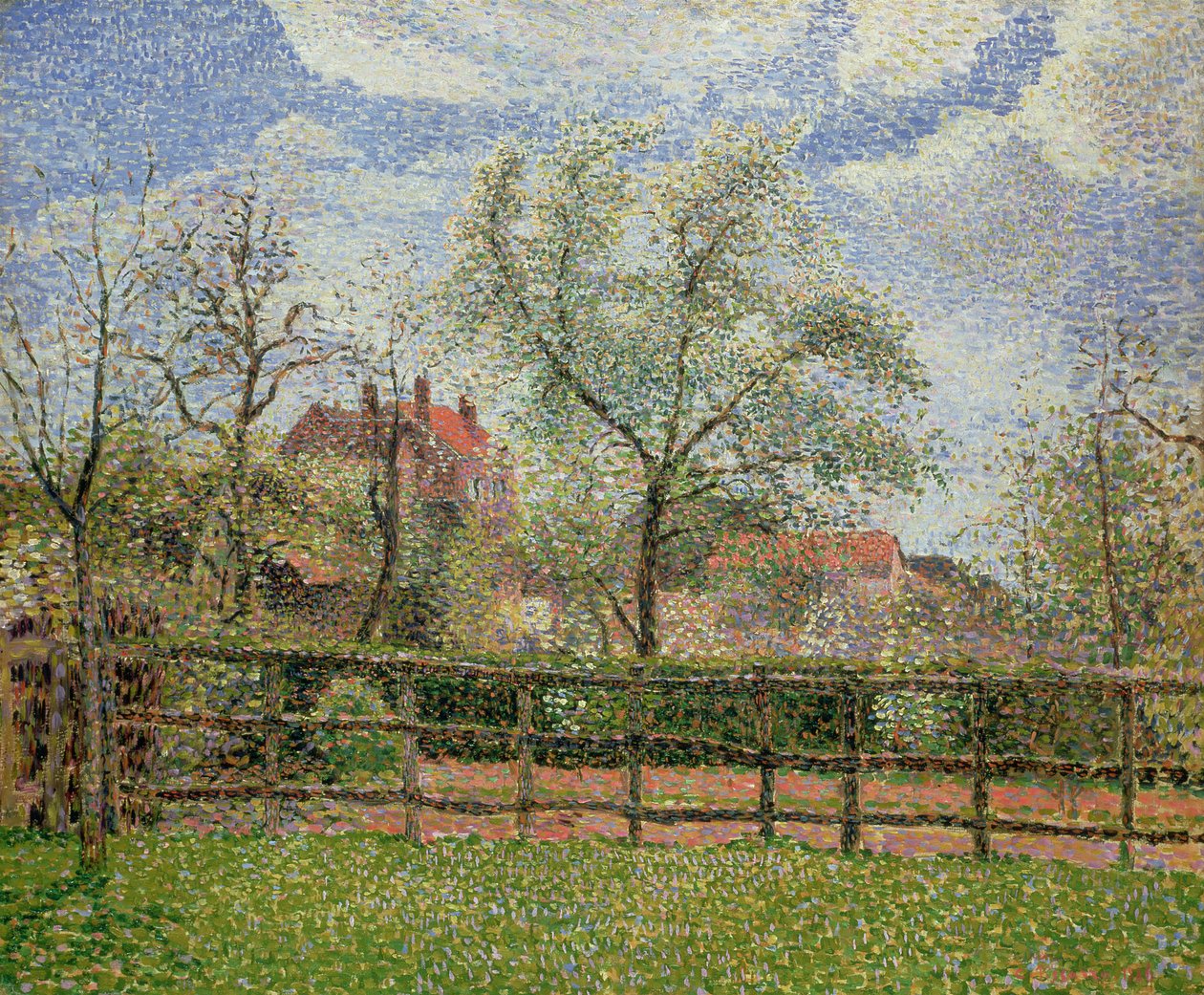 Pæretrær og blomster i Eragny, morgen, 1886 av Camille Jacob Pissarro