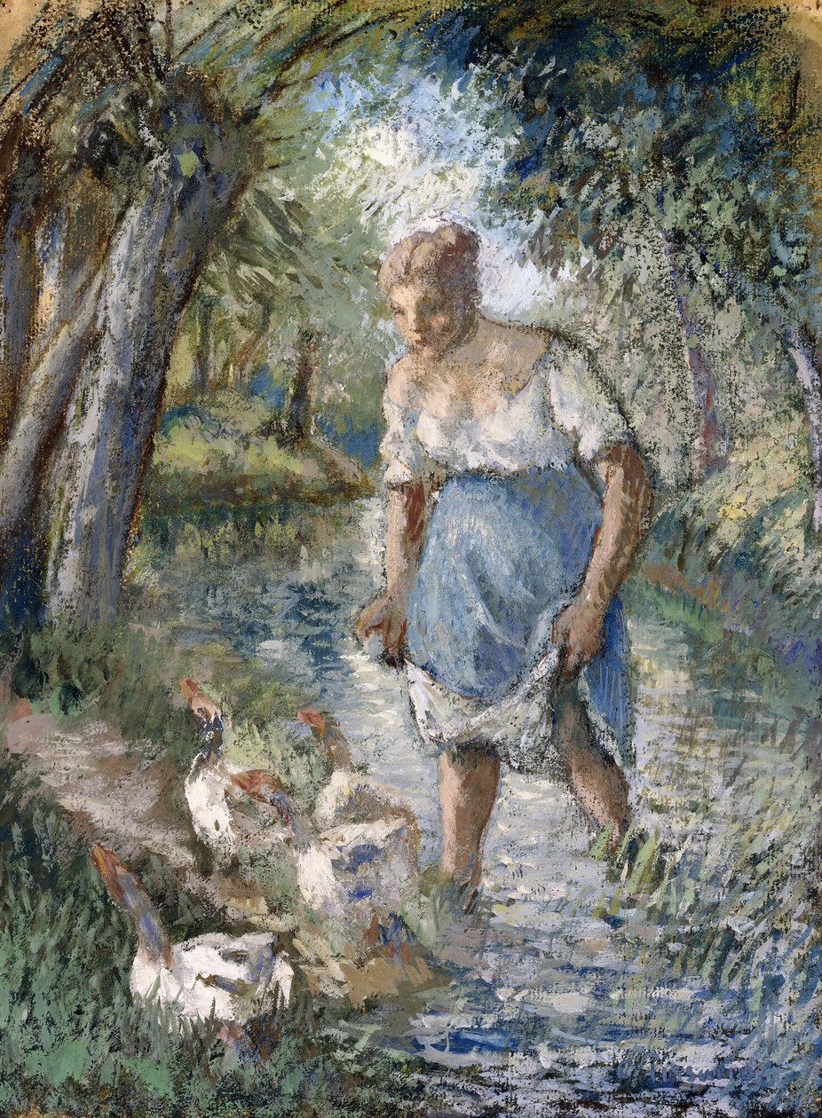 Bonde krysser en bekk, ca. 1894 av Camille Jacob Pissarro