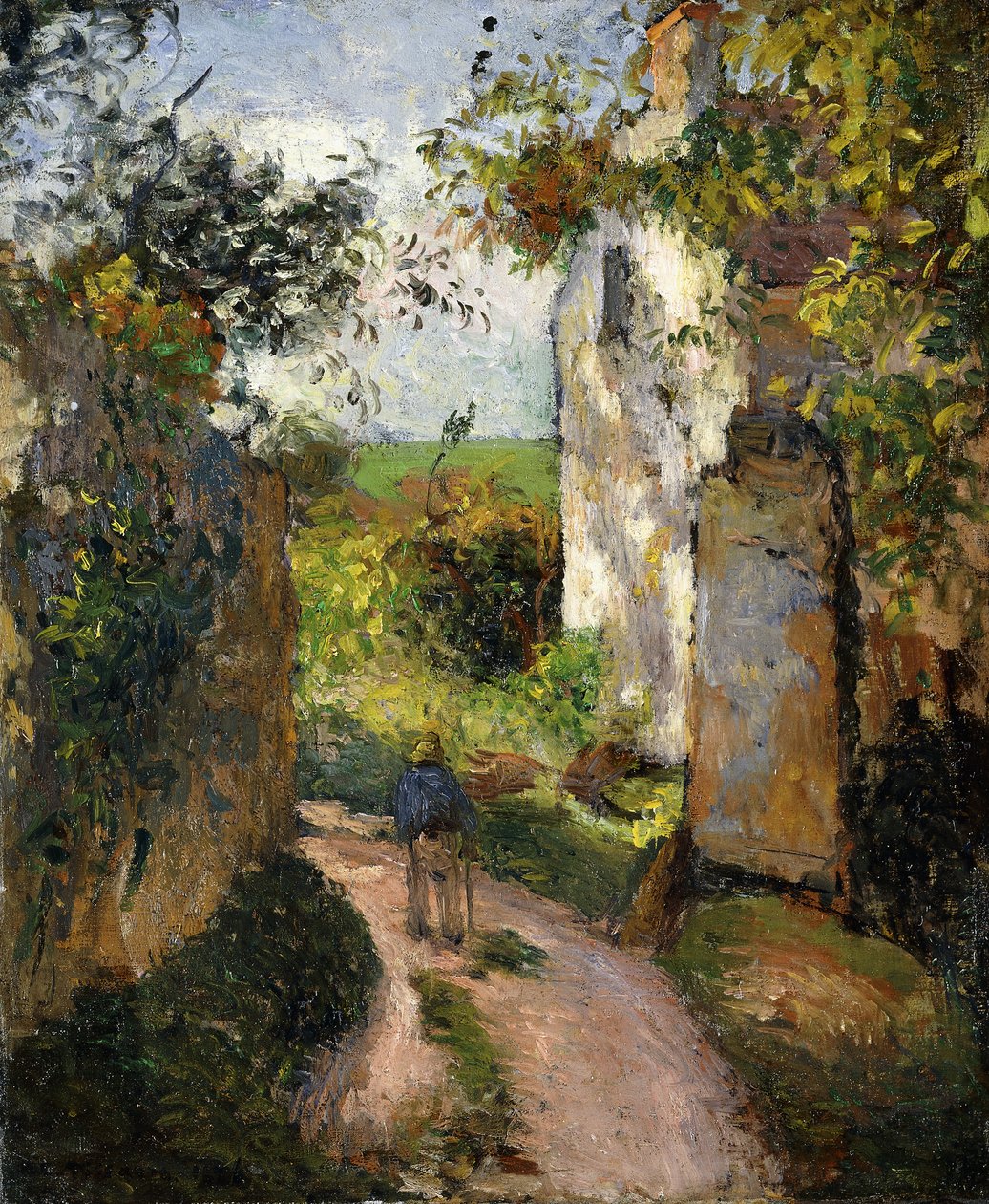 Bonde i en bakgate ved et hus, Pontoise; Bonde i en smug ved Hermitage, Pontoise, 1876 av Camille Jacob Pissarro