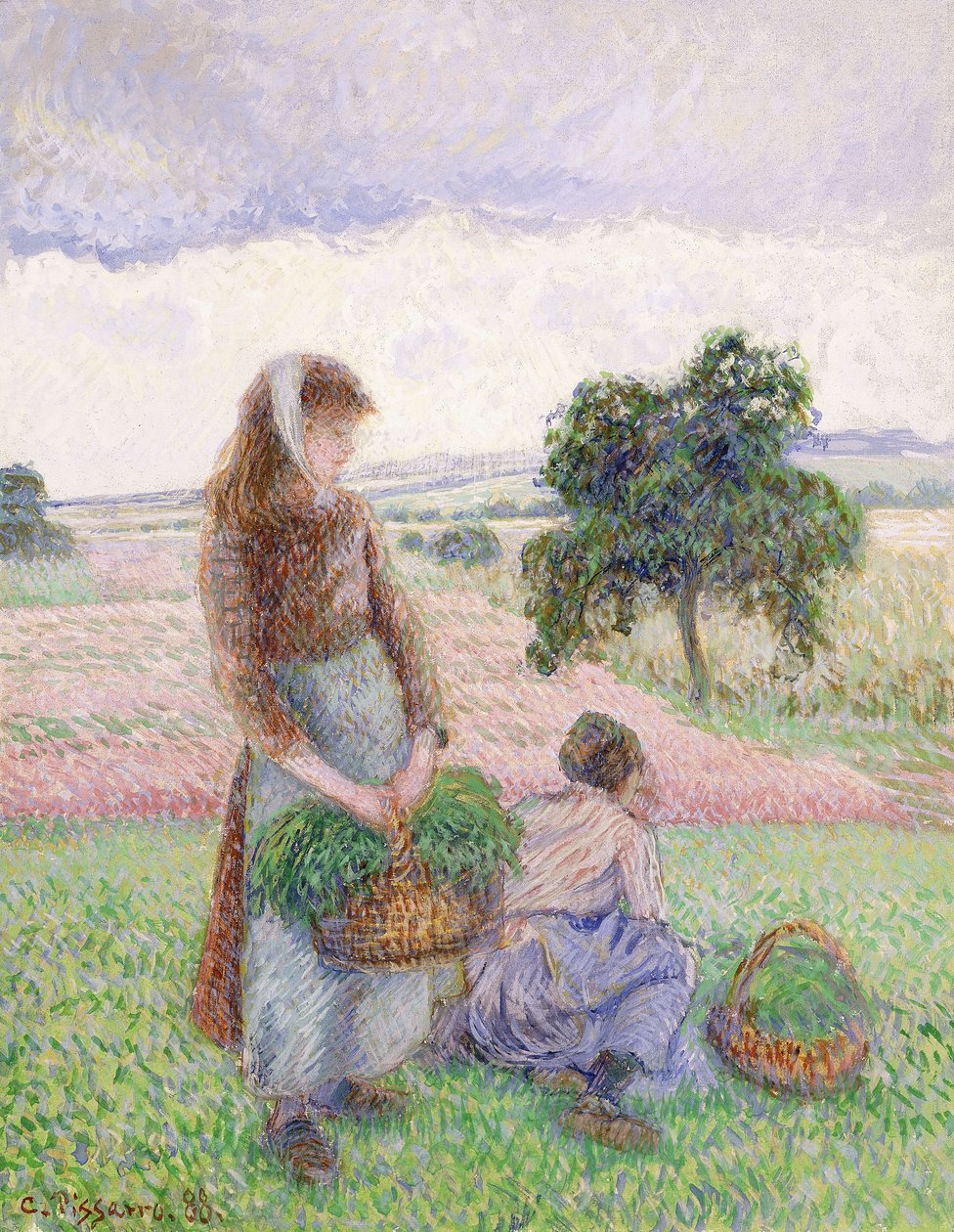 Bønder som bærer joggesko; Bondekvinne som bærer en kurv, 1888 av Camille Jacob Pissarro