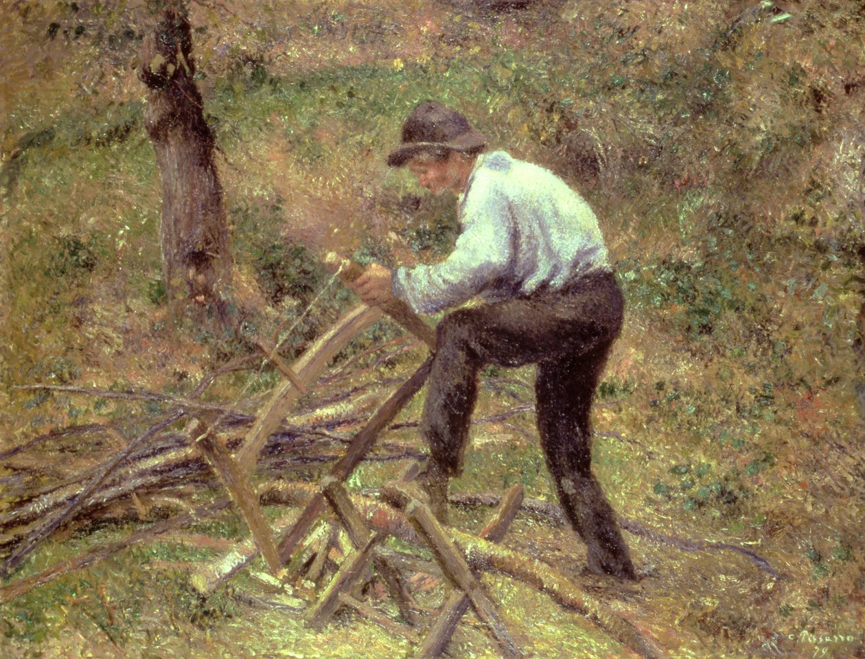 Pere Melon Sawing Wood, Pontoise, 1879 av Camille Jacob Pissarro