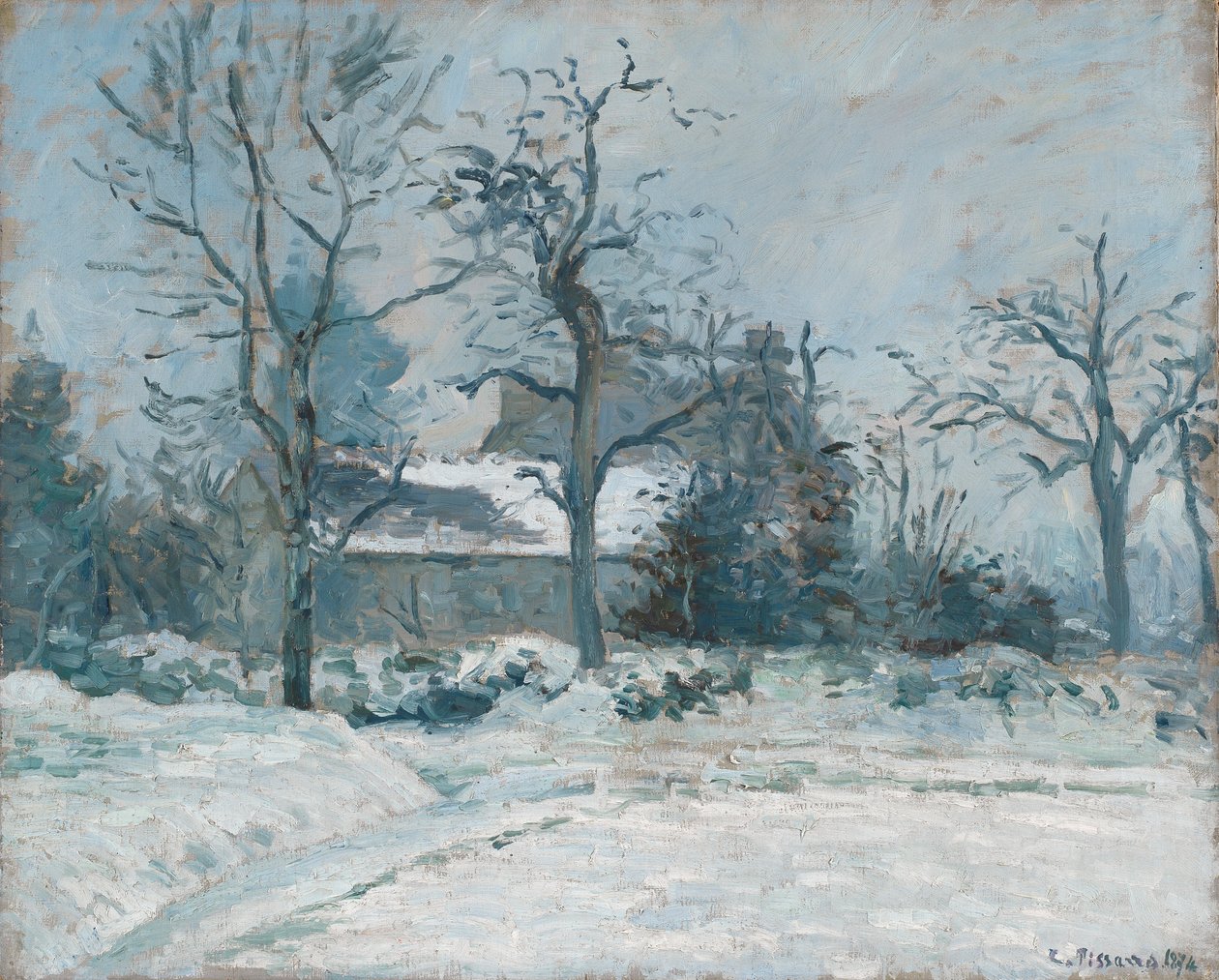 Piettes hus i Montfoucault, Snow Effect, 1874 av Camille Jacob Pissarro