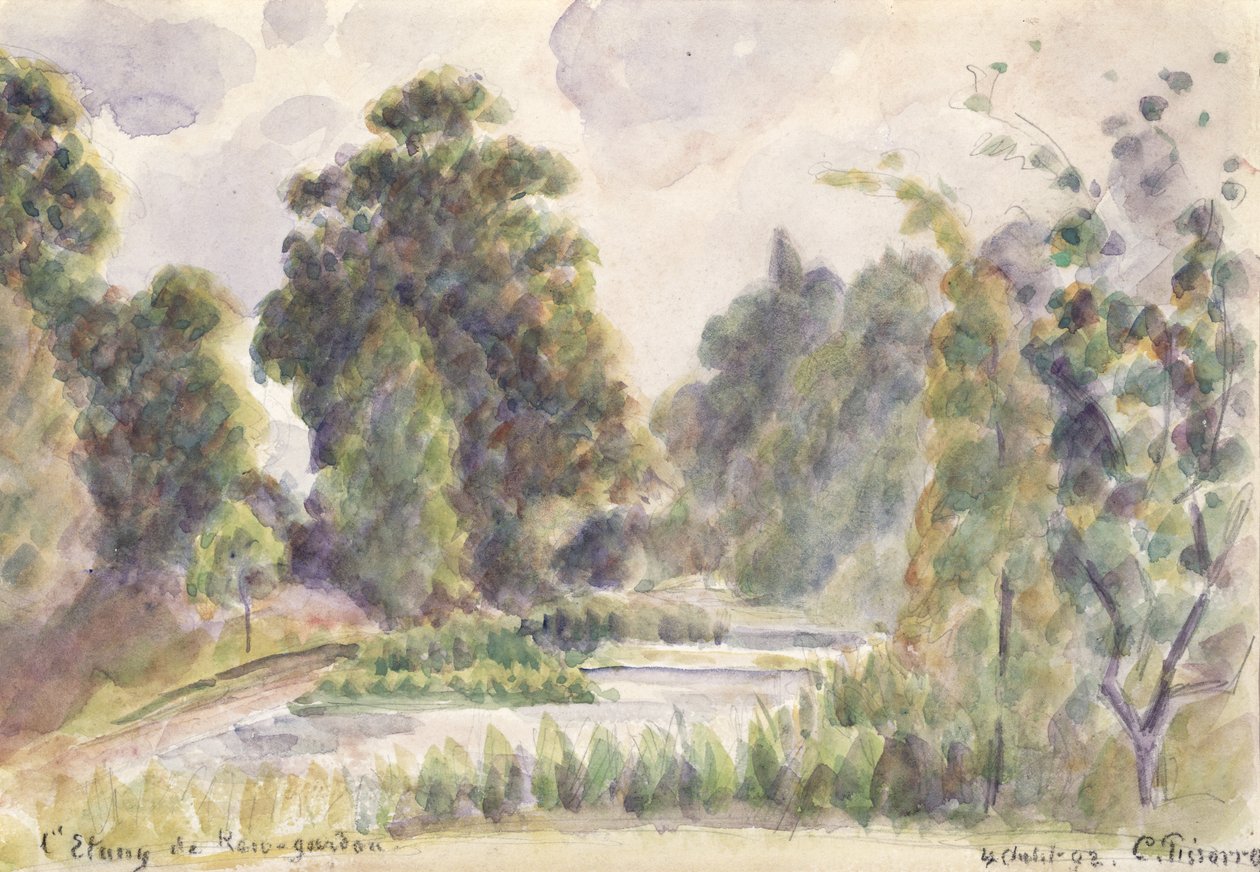 Pond at Kew Gardens, 1892 (wc over grafittblyant på lagt papir) av Camille Jacob Pissarro