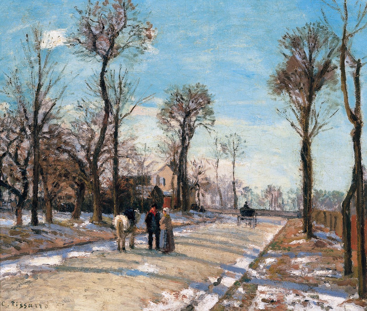 Veien til Versailles, Louveciennes, vintersol og snø, ca. 1870 av Camille Jacob Pissarro