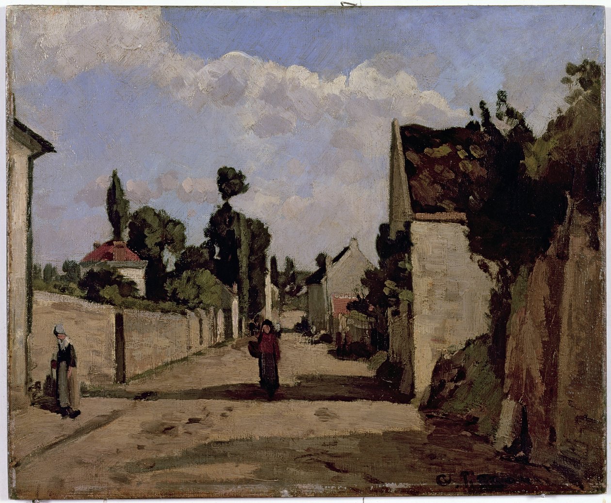 Rue de lHermitage, Pontoise, ca. 1867 (olje på lerret montert på panel) av Camille Jacob Pissarro