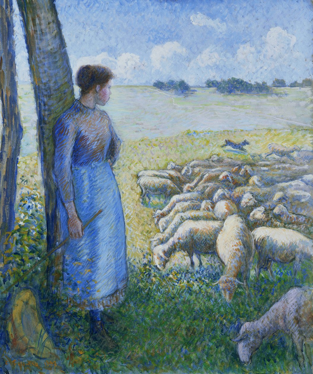 gjeterinne og sauer; Bergere et Moutons, 1887 av Camille Jacob Pissarro
