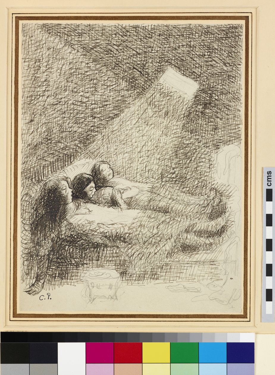 Studie for The Asphysia (penn og blekk over blyant på glassert papir) av Camille Jacob Pissarro