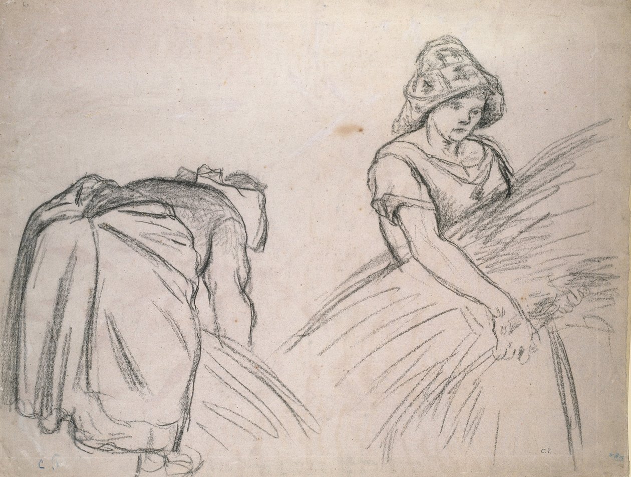 Study of Two Female Harvesters, 1882 (svart kritt på rosa papir med hvitt) av Camille Jacob Pissarro