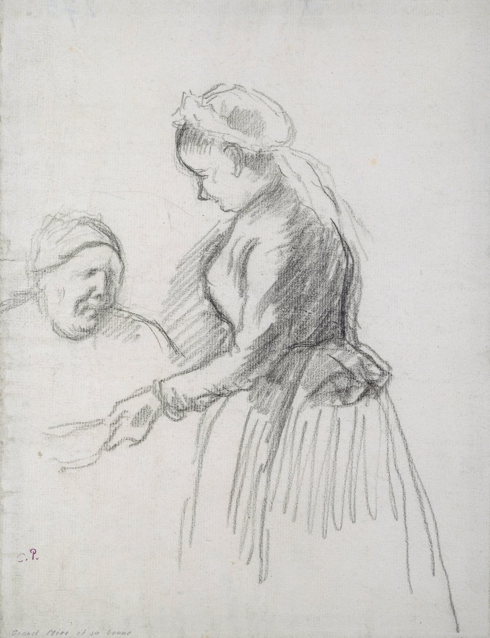 Studie av kunstnerens mor med hushjelpen hennes (kull på papir) av Camille Jacob Pissarro