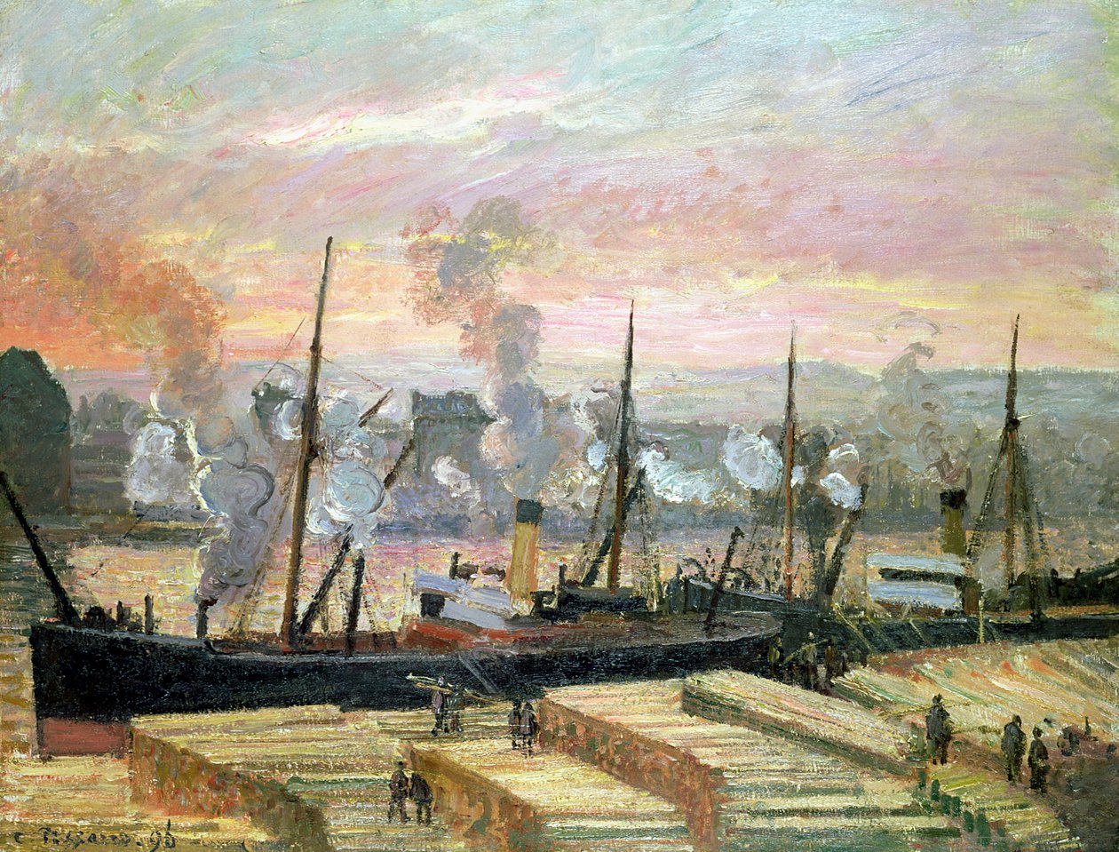 Solnedgang ved Rouen, Boats Lossing Wood, 1896 av Camille Jacob Pissarro
